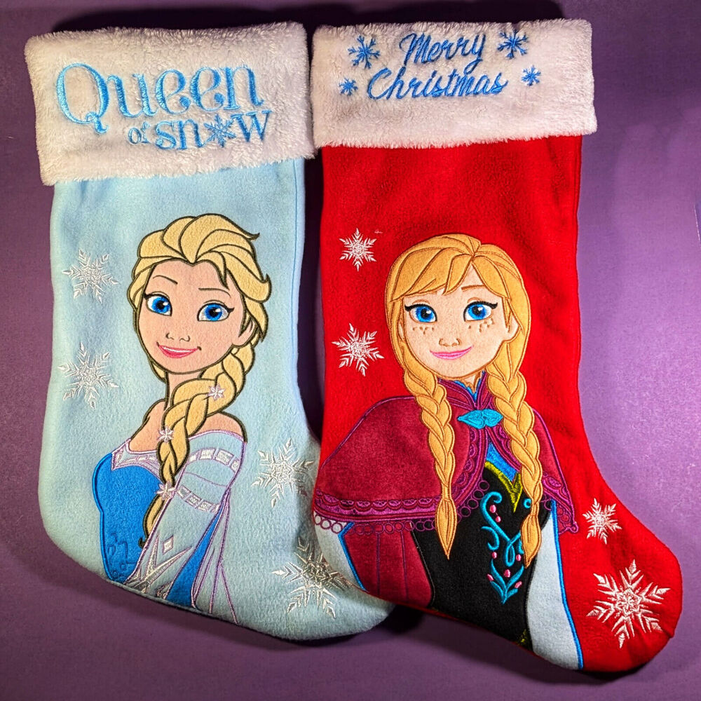 DISNEY “FROZEN QUEEN ELSA & ANNA” PLUSH EMBROIDERED XMAS STOCKING BLUE RED 18”